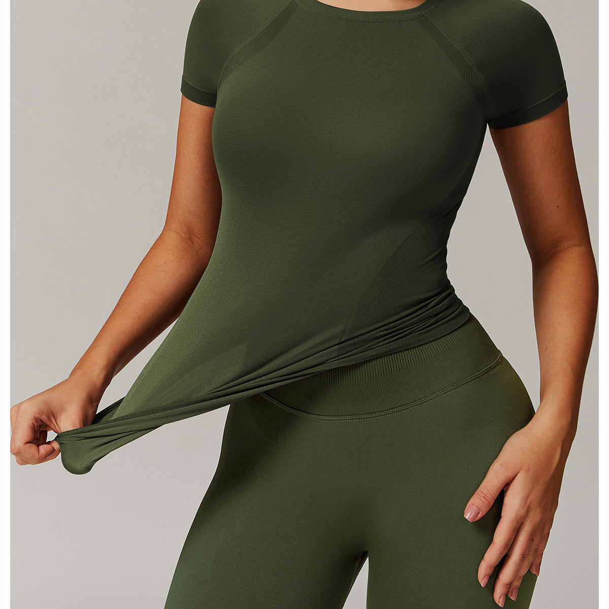 Olive green langry athletic wear set including the Thread Seamless Short Sleeved T-shirt Yoga