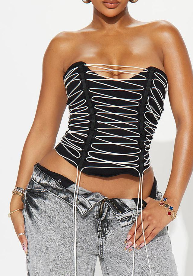 Black lace-up langry fashion corset vest with white laces and textured fabric