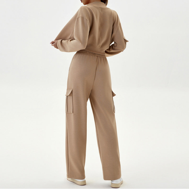 Beige two-piece sweat suit for women, stylish langry fashion casual ملابس for autumn winter