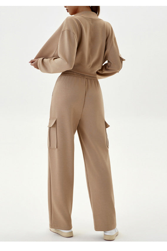 Beige two-piece sweat suit for women, stylish langry fashion casual ملابس for autumn winter