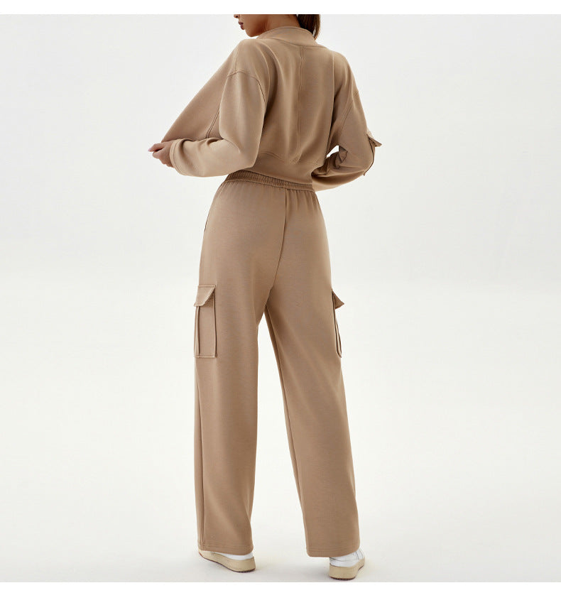 Beige two-piece sweat suit for women, stylish langry fashion casual ملابس for autumn winter