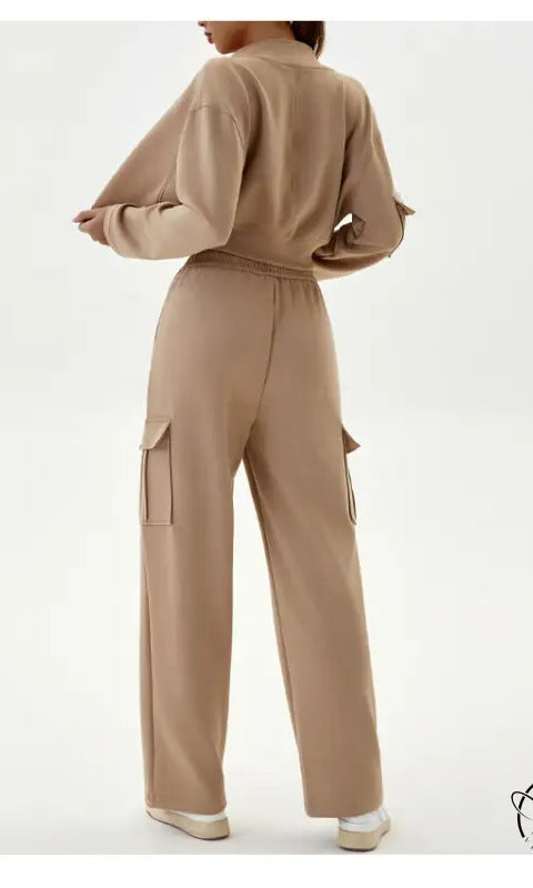 Beige two-piece winter workwear casual sports set with zipper