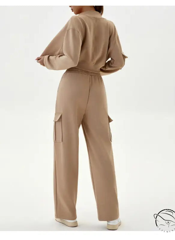 Beige two-piece winter workwear casual sports set with zipper