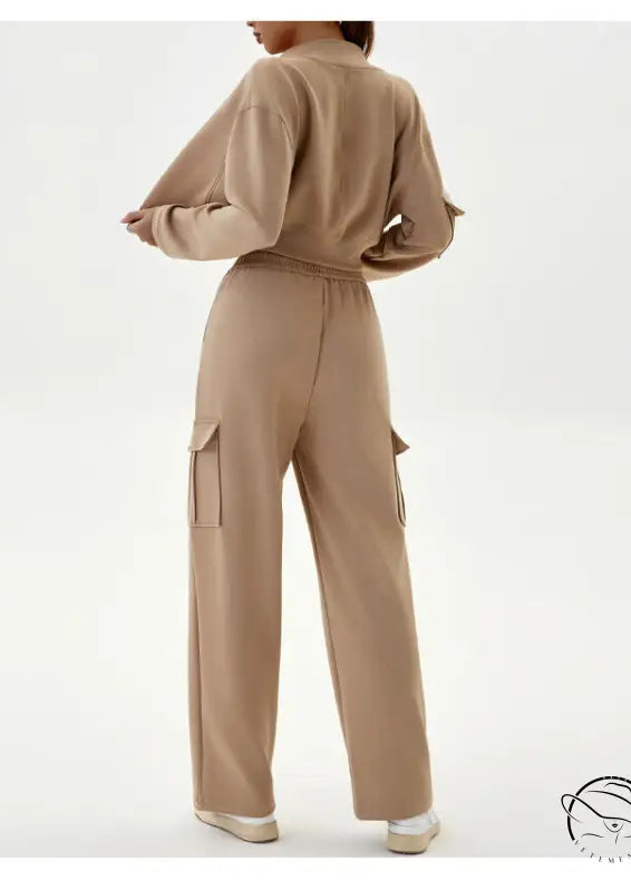 Beige two-piece winter workwear casual sports set with zipper