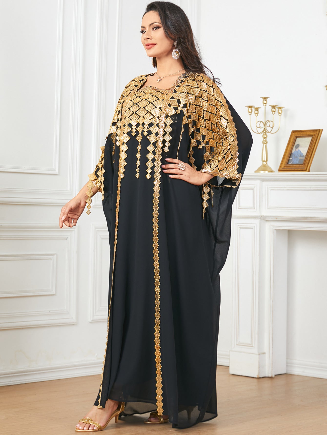 Black and gold embellished langry fashion kaftan dress with sheer sleeves
