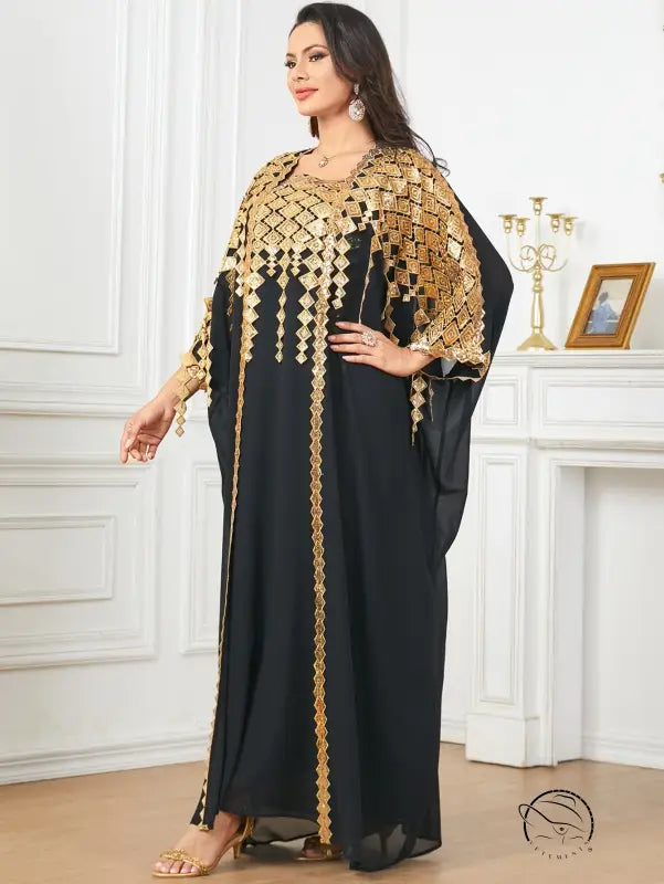 Black and gold embellished langry fashion kaftan dress with sheer sleeves