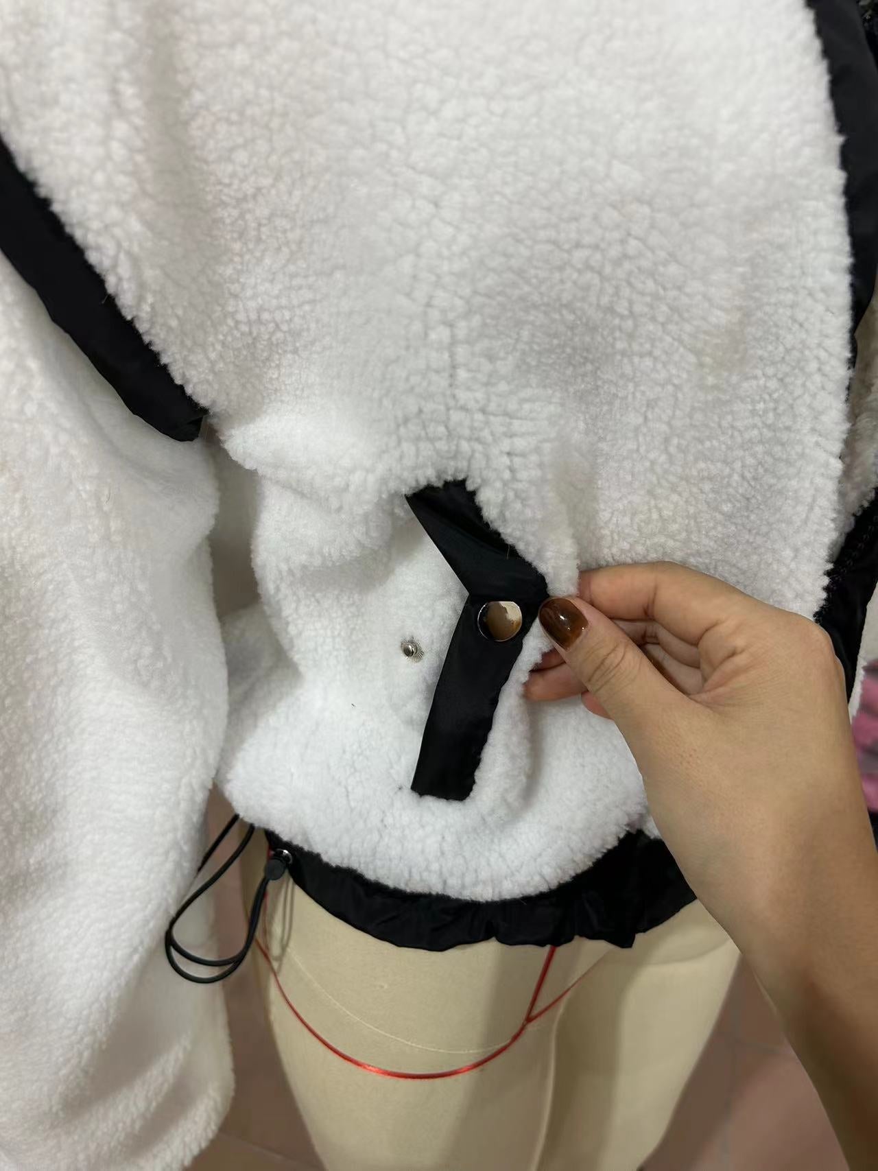 White fleece jacket with black trim from the Langry fashion Outdoor Lambswool Cardigan