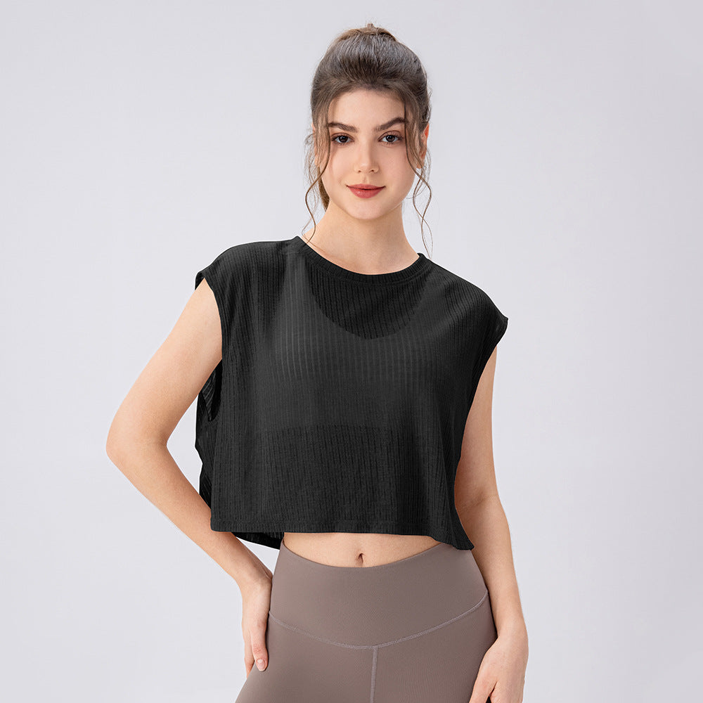 Summer Yoga Blouse Women Hollow out Cutout Breathable Sleeveless Top Short Loose Running Sports Workout
