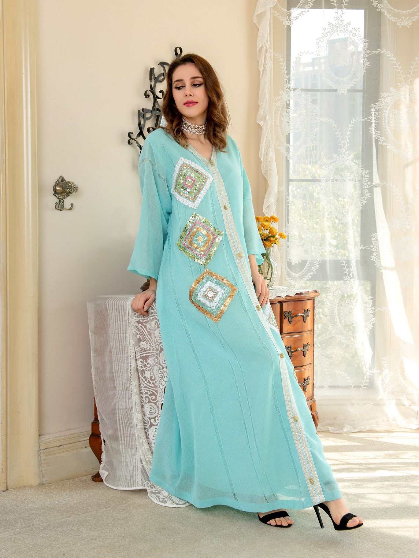 Langry fashion light blue embroidered floral loose dress with gold accents