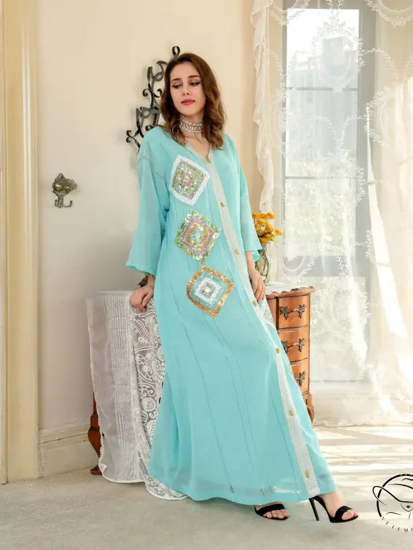 Light blue langry embroidered floral loose dress with gold accents