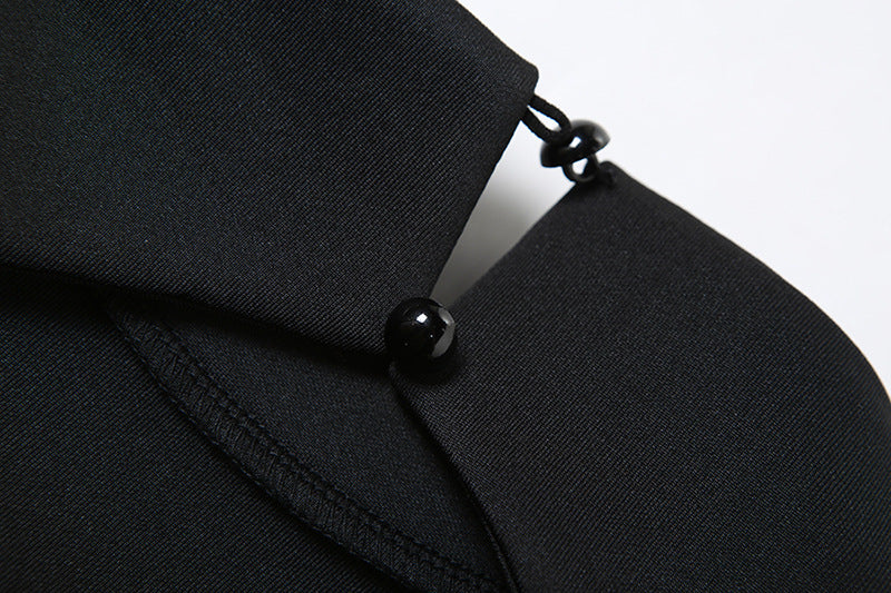 Black fabric with bead closures on High Class Elegant A line dress for sophisticated fashion