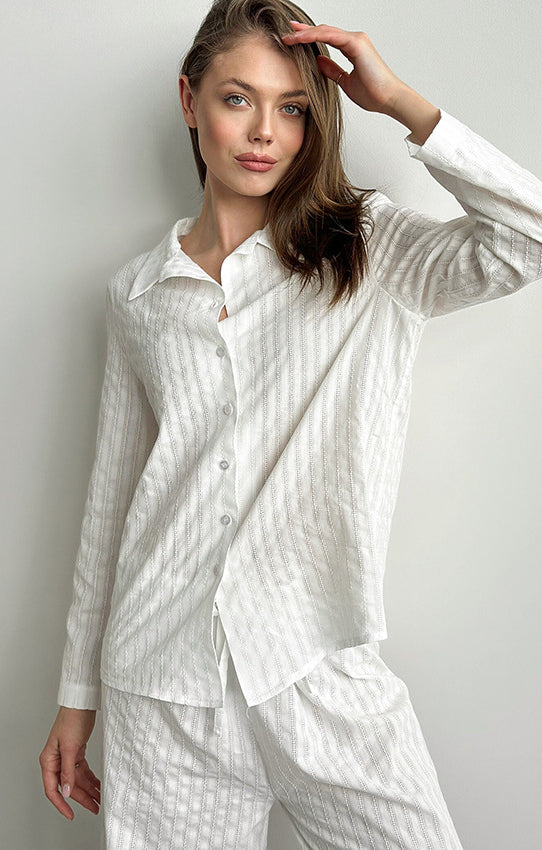 Beautiful white striped cotton pajama set by Langry fashion ملابس
