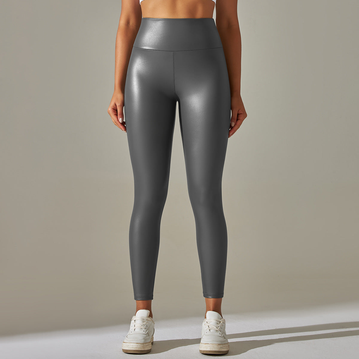 High waist faux leather leggings in shiny metallic silver