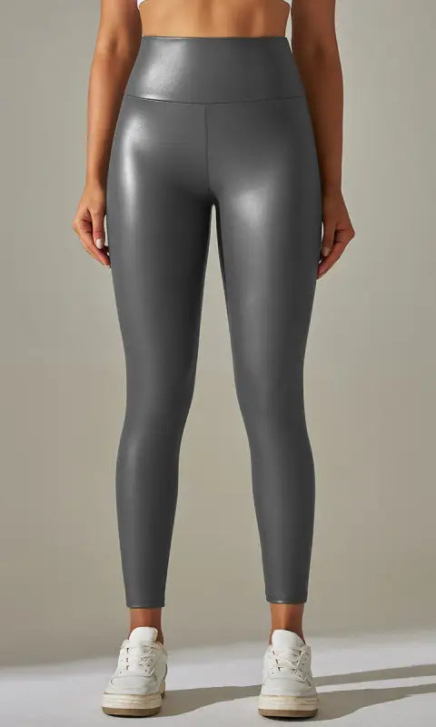 High waist faux leather leggings in metallic silver with shiny finish