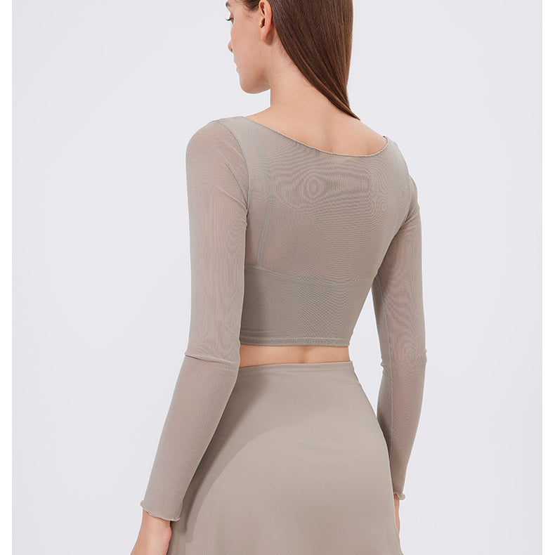 Faux Two Piece Mesh Sports t Shirt Women Long Sleeve with Chest Pad Yoga Clothes Cropped Top Quick Drying Slimming