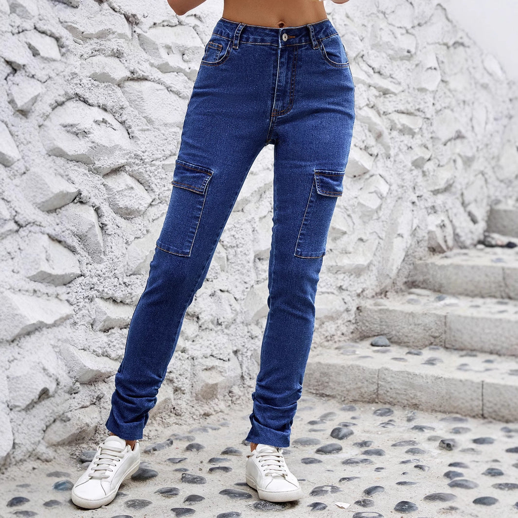 Women’s dark blue denim cargo skinny jeans with side pockets, fashion ملابس for stylish looks