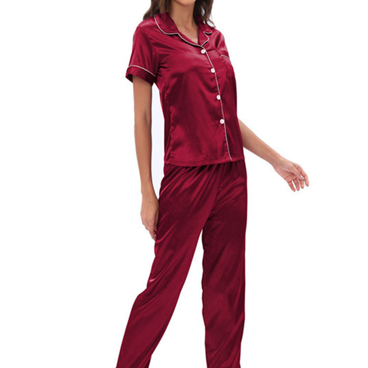 Langry burgundy satin pajama set with button-down front and short sleeves