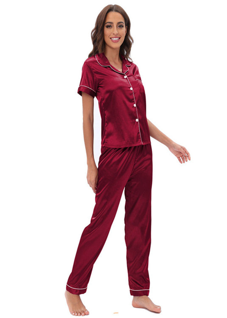 Langry burgundy satin pajama set with button-down front and short sleeves