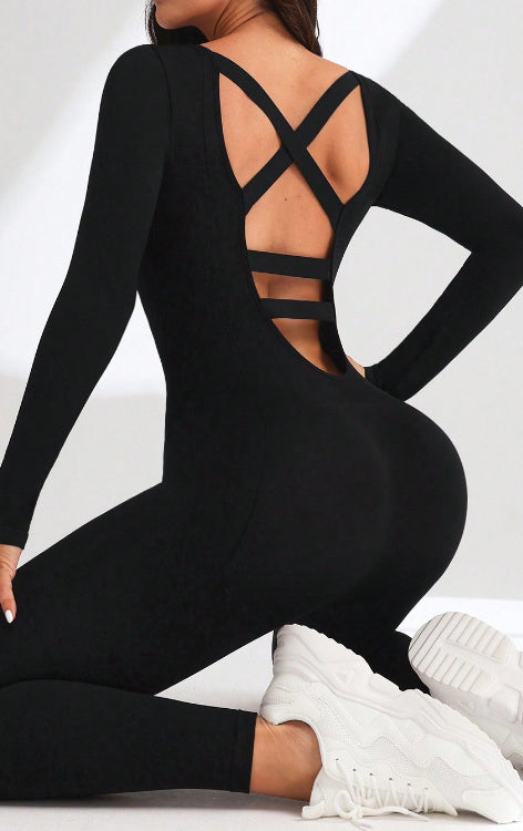 Langry black long-sleeved yoga bodysuit with crisscross back