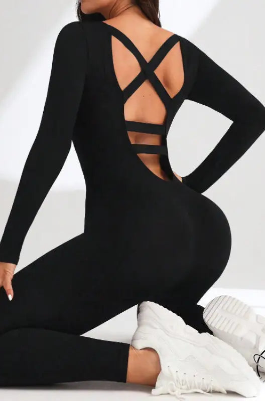 Black langry fashion yoga bodysuit with crisscross back