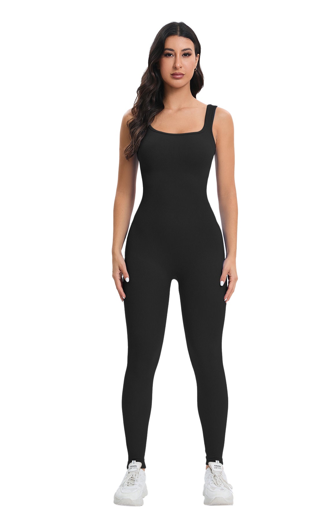 Langry fashion black sleeveless ribbed jumpsuit in peach slim fit