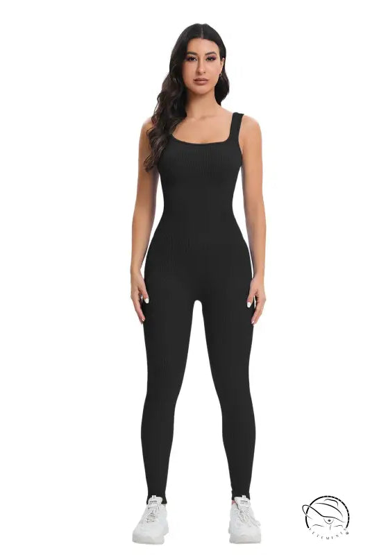 Langry black sleeveless ribbed jumpsuit in peach slim fit fashion ملابس