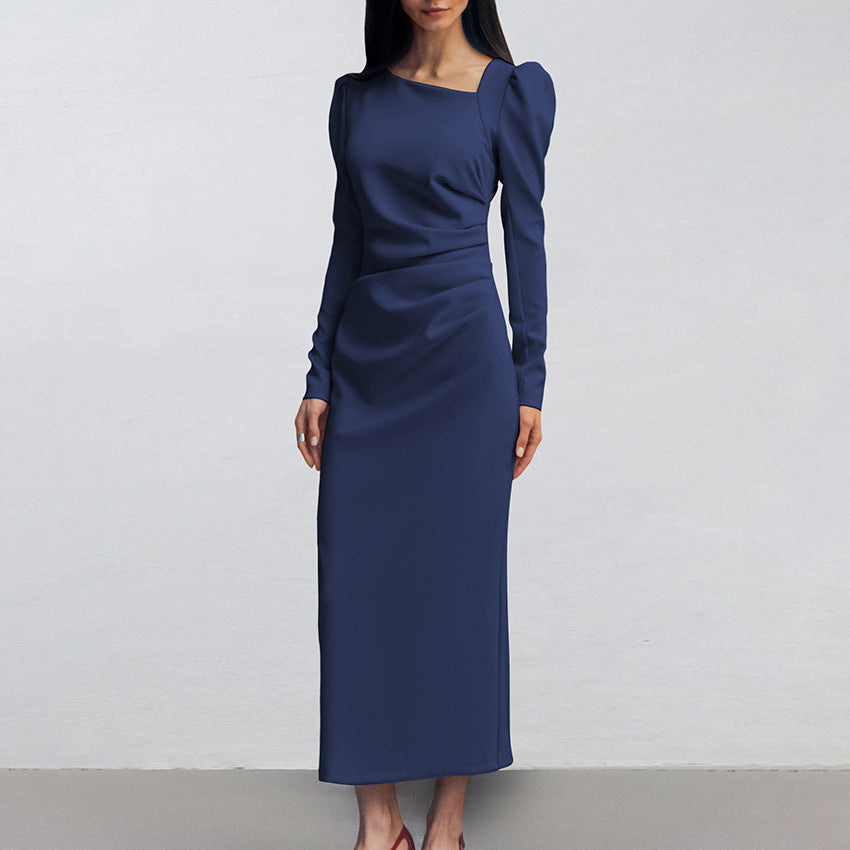 Elegant long-sleeved navy puff sleeve tight split dress suitable for formal occasions