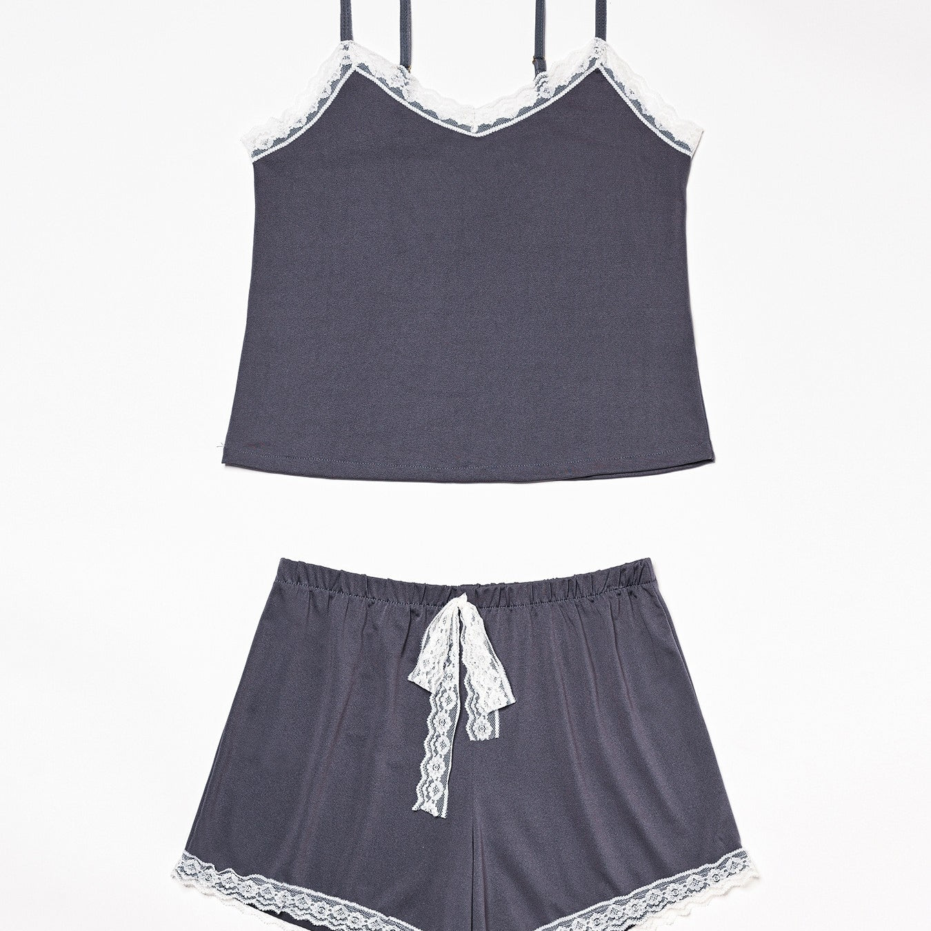 Gray pajama set with lace trim from Langry, ideal for fashionable comfort
