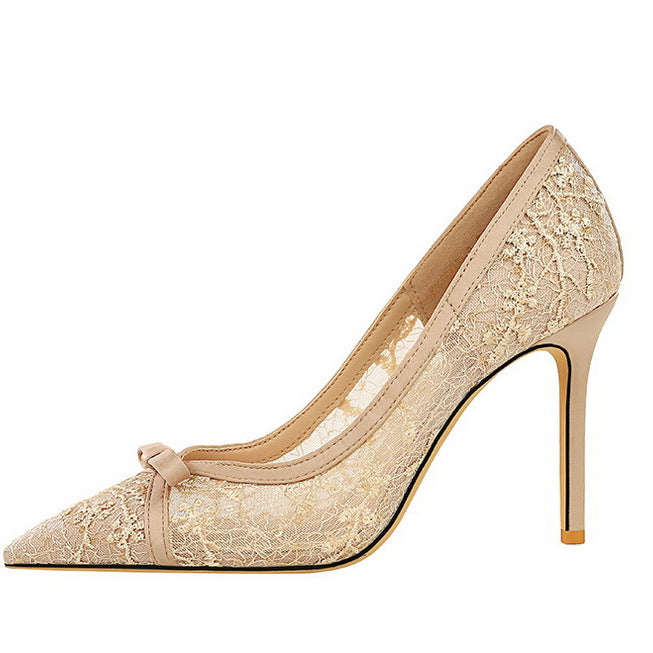 Cocktail High Heel Women Shoes Bow Sequined Lace Mesh Pointed Shallow Mouth Stiletto