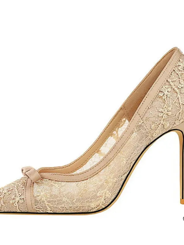 Cocktail High Heel Women Shoes Bow Sequined Lace Mesh Pointed Shallow Mouth Stiletto