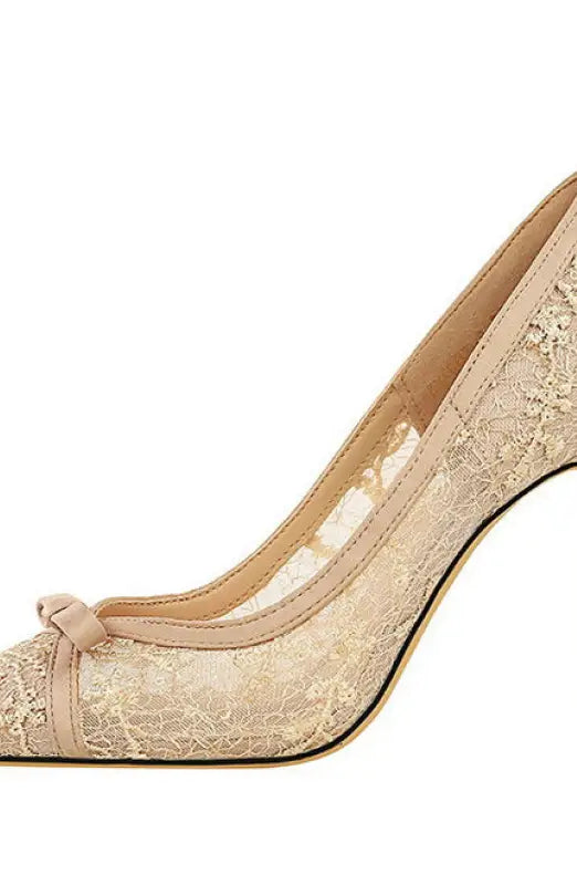 Cocktail High Heel Women Shoes Bow Sequined Lace Mesh Pointed Shallow Mouth Stiletto