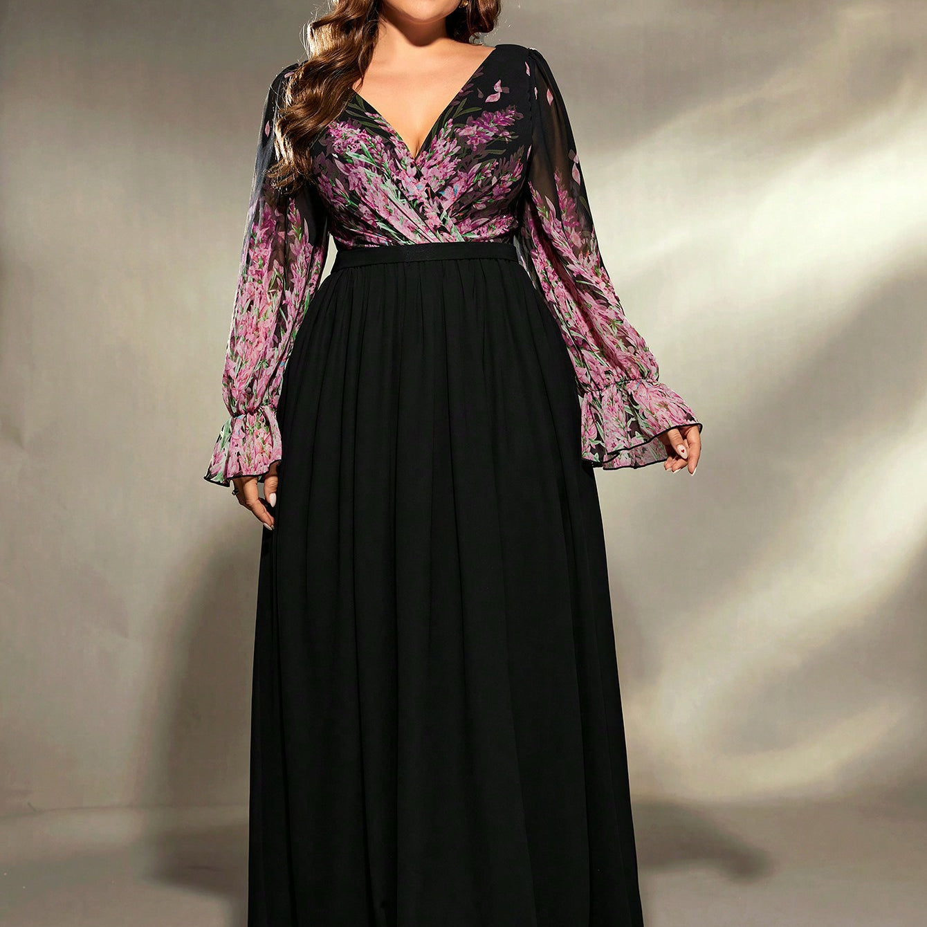 Plus size black chiffon long sleeve ball gown evening dress with floral lace bodice and bell sleeves