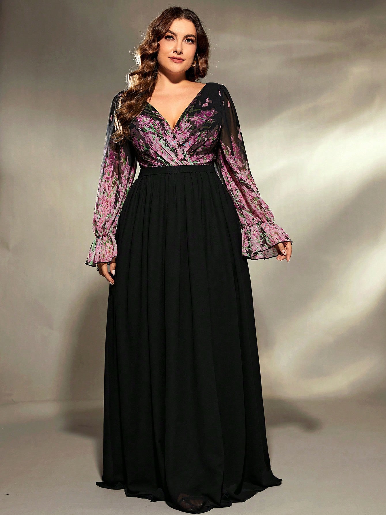 Plus size black chiffon long sleeve ball gown evening dress with floral lace bodice and bell sleeves