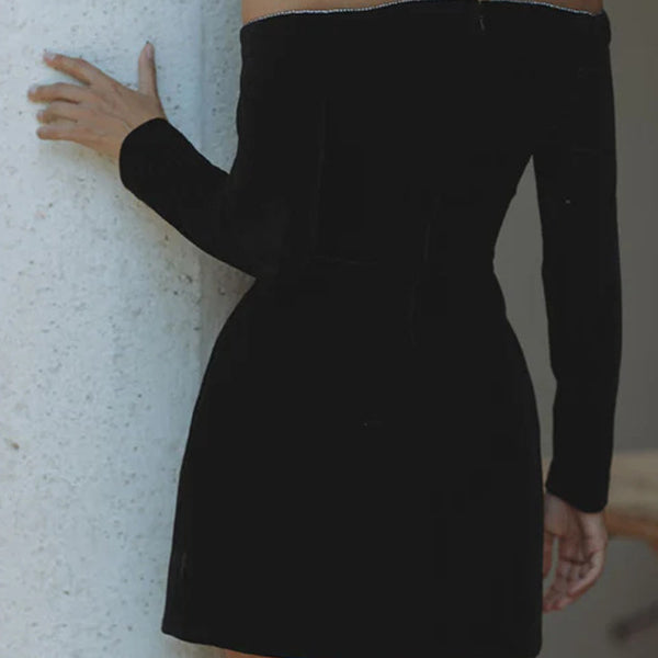 Off-shoulder black long-sleeve mini dress in Elegant Velvet Diamonds fashion ملابس