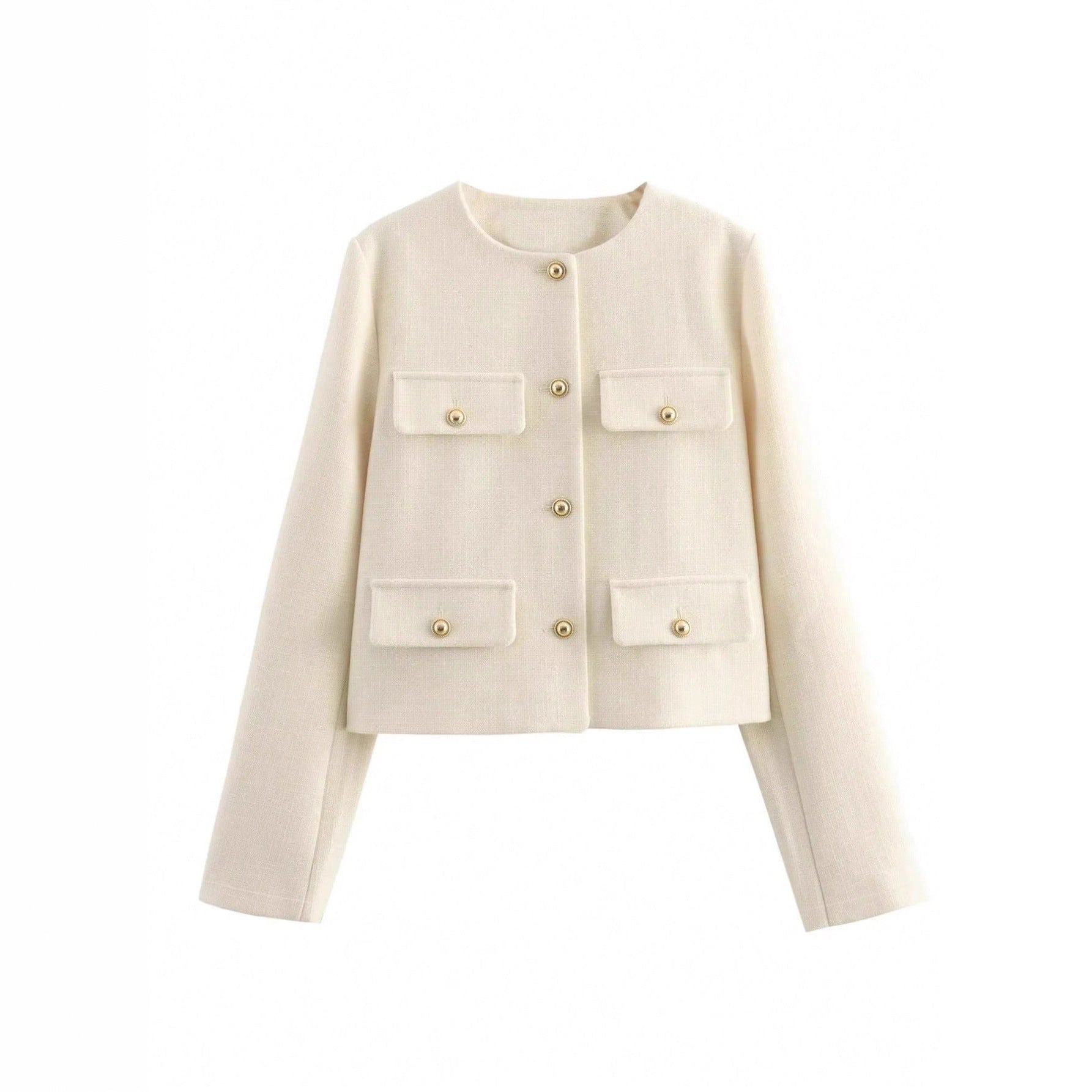Cream round neck classic autumn woolen coat with pearl buttons