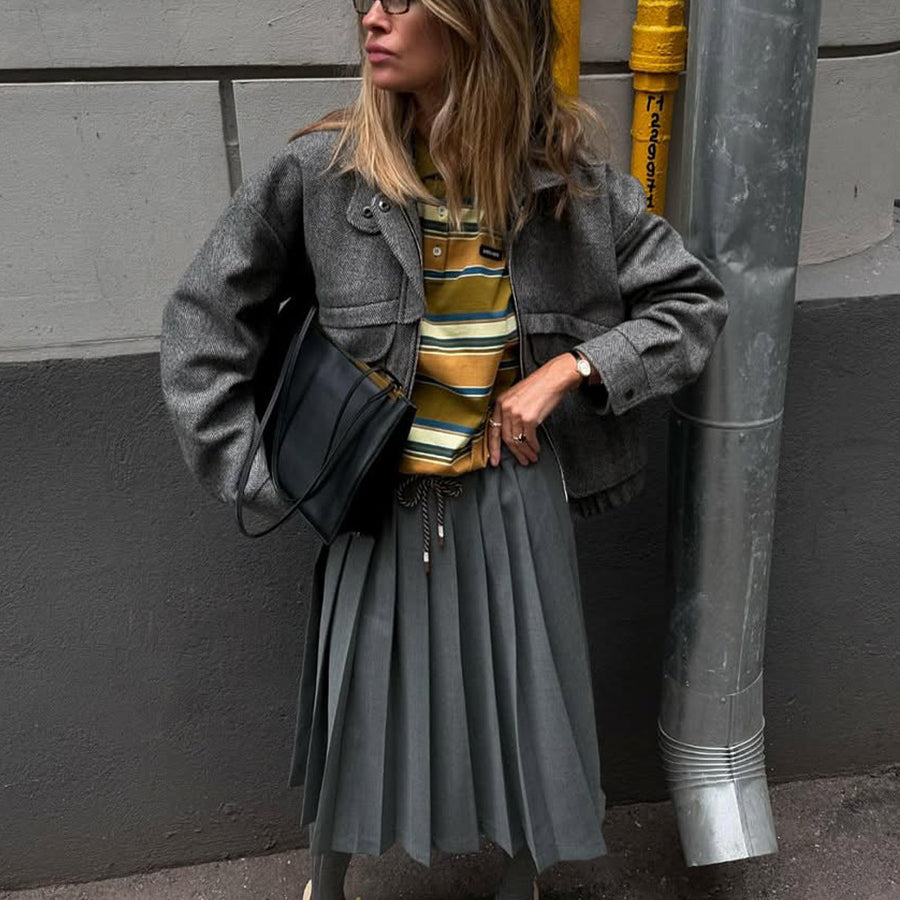 Grey pleated cotton skirt with black belt, pockets, Langry fashion ملابس