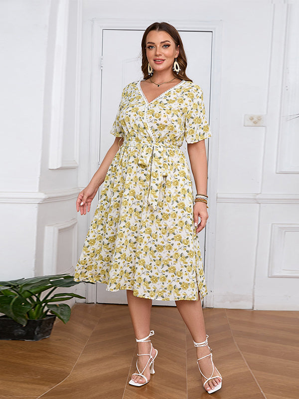 Women’s boho lace floral midi dress with V-neck and short sleeves