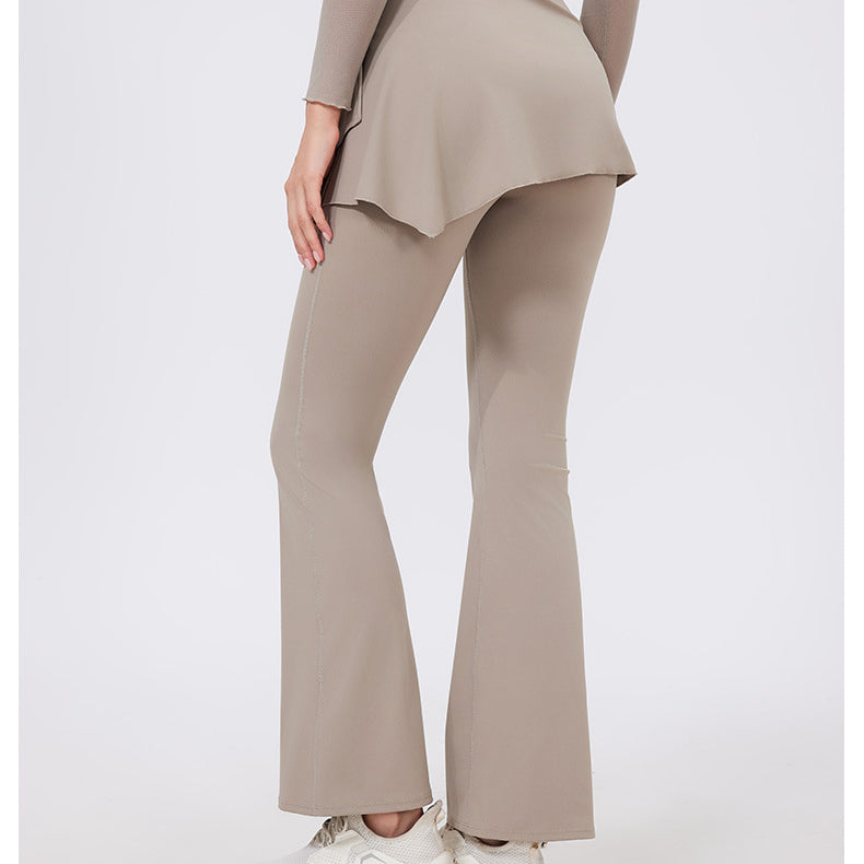 Taupe hip lifting nude feel yoga pants with peplum waistband and white sneakers