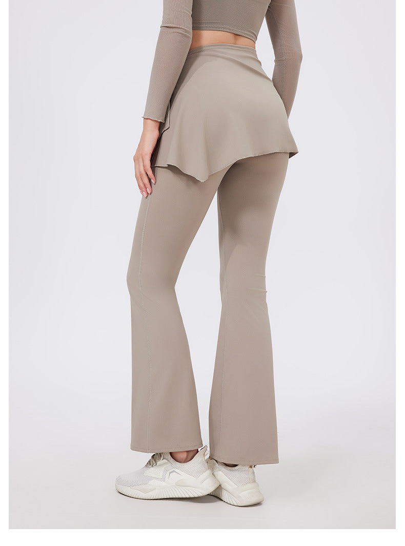 Taupe hip lifting nude feel yoga pants with peplum waistband and white sneakers
