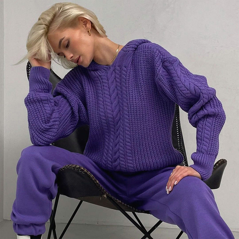 Purple knit hooded sweater and sweatpants set from Casual Hooded Knitted Sweater collection showcasing modern ملابس fashion