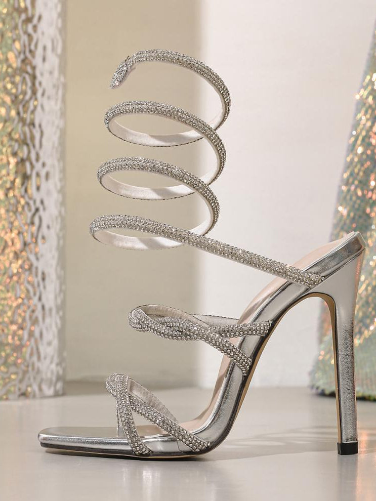 Langry fashion open toe rhinestone bow silver stiletto heel sandal