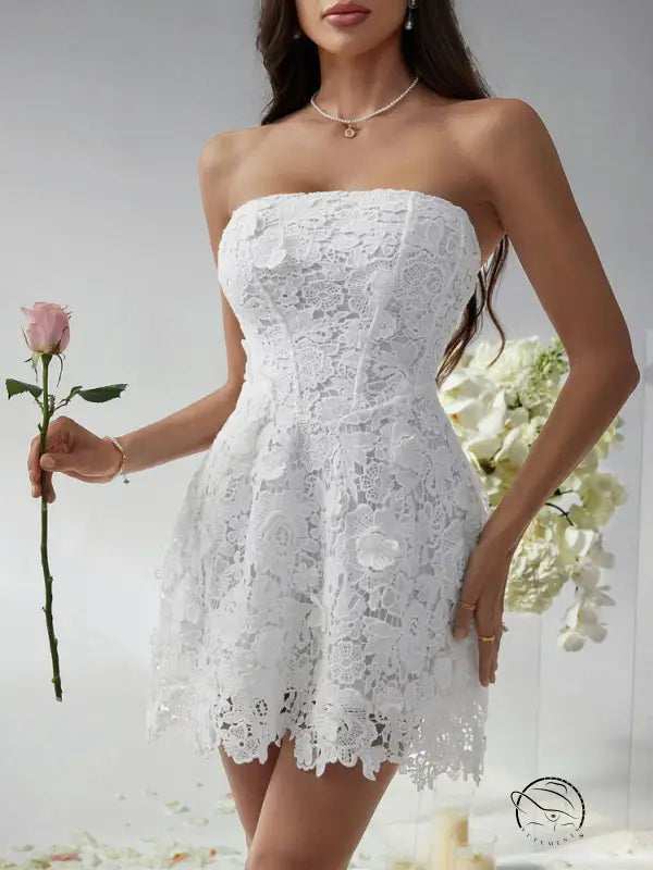 White strapless lace beautiful short dress evening gown