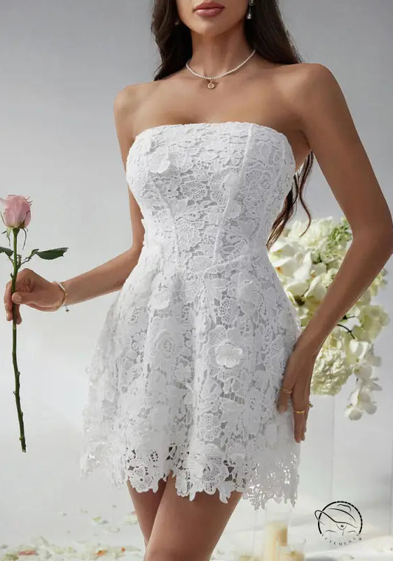 White strapless lace beautiful short dress evening gown