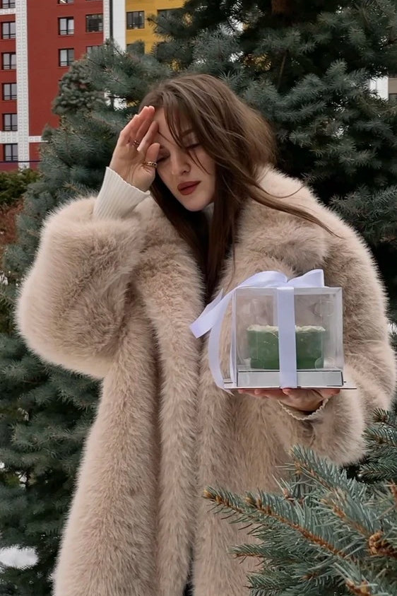 Beige faux fur jacket with white trim and pockets by Langry fashion