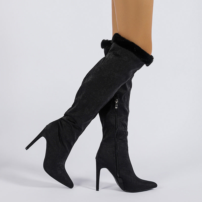 Black thigh-high stiletto boots with fur trim, ideal for a stylish heel high leg boot look
