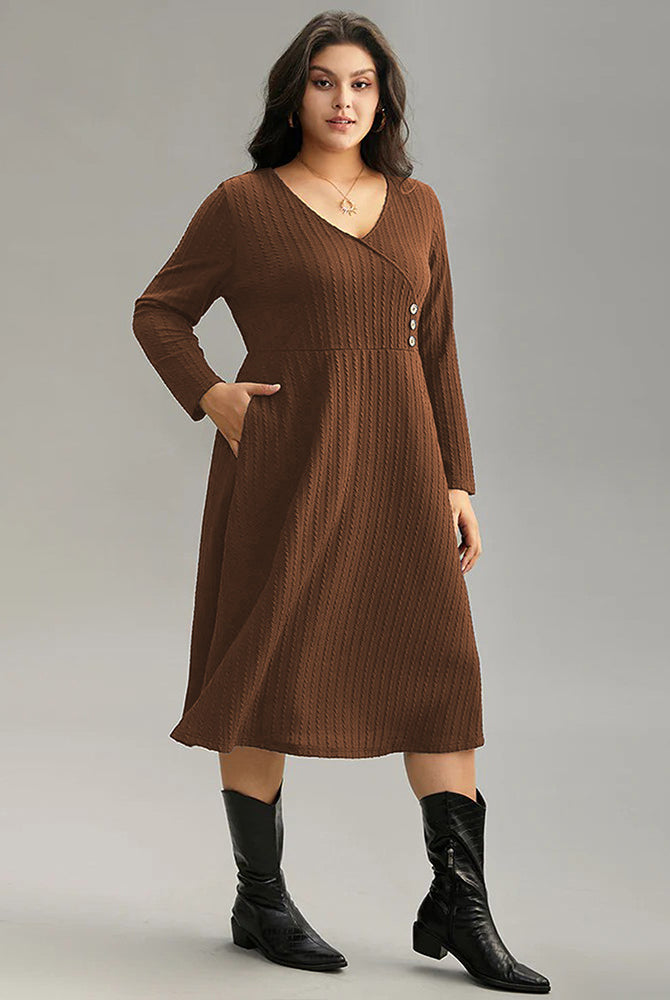 Women’s long-sleeved brown V-neck midi dress with pockets, ideal as a match office dress