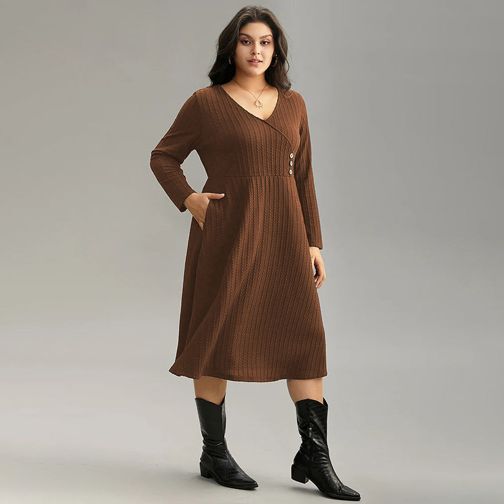 Women’s long-sleeved brown V-neck midi dress with pockets, ideal as a match office dress