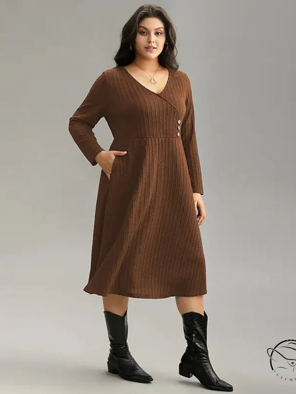 Women’s brown V-neck long-sleeve midi match office dress with pockets