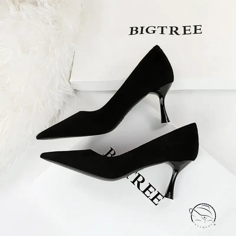 Black suede langry fashion high-heeled pumps with metallic heels and bigtree branding