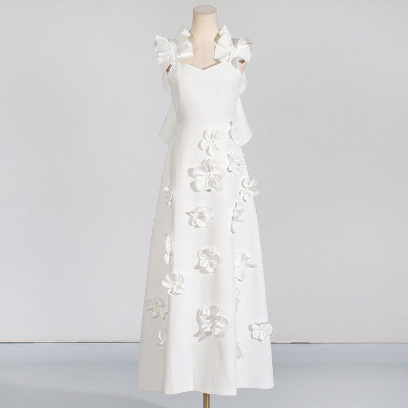 White floral-appliqued dress for women showcasing elegant summer fashion with high-grade stitching